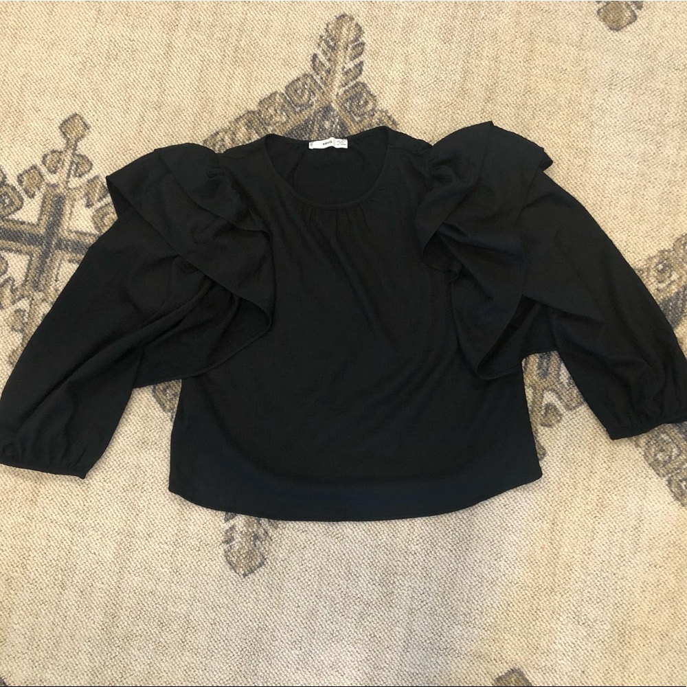 MANGO black puff sleeve ruffle top